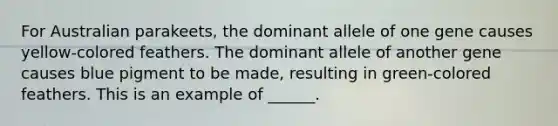 For Australian parakeets, the dominant allele of one gene causes yellow-colored feathers. The dominant allele of another gene causes blue pigment to be made, resulting in green-colored feathers. This is an example of ______.