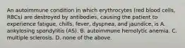 An autoimmune condition in which erythrocytes (red blood cells, RBCs) are destroyed by antibodies, causing the patient to experience fatigue, chills, fever, dyspnea, and jaundice, is A. ankylosing spondylitis (AS). B. autoimmune hemolytic anemia. C. multiple sclerosis. D. none of the above.