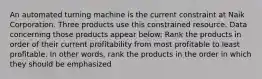 An automated turning machine is the current constraint at Naik Corporation. Three products use this constrained resource. Data concerning those products appear below: Rank the products in order of their current profitability from most profitable to least profitable. In other words, rank the products in the order in which they should be emphasized