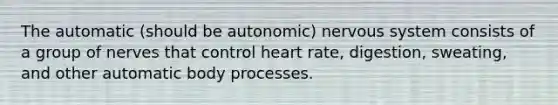 The automatic (should be autonomic) nervous system consists of a group of nerves that control heart rate, digestion, sweating, and other automatic body processes.