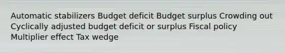 Automatic stabilizers Budget deficit Budget surplus Crowding out Cyclically adjusted budget deficit or surplus Fiscal policy Multiplier effect Tax wedge