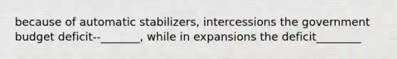 because of automatic stabilizers, intercessions the government budget deficit--_______, while in expansions the deficit________