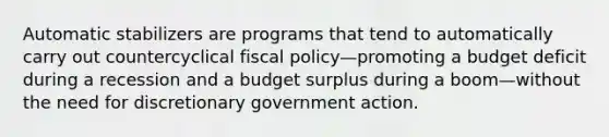 Automatic stabilizers are programs that tend to automatically carry out countercyclical fiscal policy—promoting a budget deficit during a recession and a budget surplus during a boom—without the need for discretionary government action.