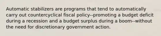 Automatic stabilizers are programs that tend to automatically carry out countercyclical fiscal policy--promoting a budget deficit during a recession and a budget surplus during a boom--without the need for discretionary government action.