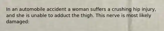 In an automobile accident a woman suffers a crushing hip injury, and she is unable to adduct the thigh. This nerve is most likely damaged: