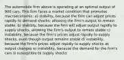 The automobile firm above is operating at an optimal output of 900 cars. This firm faces a market condition that promotes macroeconomic: a) stability, because the firm can adjust prices rapidly to demand shocks, allowing the firm's output to remain stable. b) stability, because the firm will adjust output rapidly to supply shocks, allowing the firm's output to remain stable c) instability, because the firm's prices adjust rapidly to supply shocks, even though output remains stable d) instability, because the firm's prices adjust rapidly to supply shocks as output changes e) instability, because the demand for the firm's cars is susceptible to supply shocks