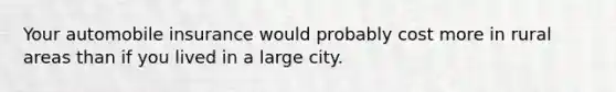 Your automobile insurance would probably cost more in rural areas than if you lived in a large city.