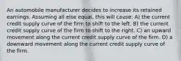 An automobile manufacturer decides to increase its retained earnings. Assuming all else equal, this will cause: A) the current credit supply curve of the firm to shift to the left. B) the current credit supply curve of the firm to shift to the right. C) an upward movement along the current credit supply curve of the firm. D) a downward movement along the current credit supply curve of the firm.