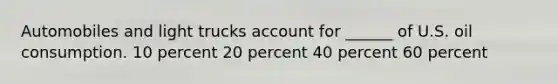Automobiles and light trucks account for ______ of U.S. oil consumption. 10 percent 20 percent 40 percent 60 percent
