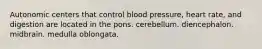 Autonomic centers that control blood pressure, heart rate, and digestion are located in the pons. cerebellum. diencephalon. midbrain. medulla oblongata.