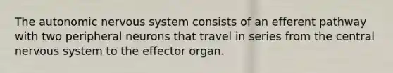 The autonomic nervous system consists of an efferent pathway with two peripheral neurons that travel in series from the central nervous system to the effector organ.