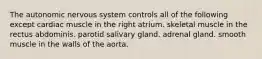 The autonomic nervous system controls all of the following except cardiac muscle in the right atrium. skeletal muscle in the rectus abdominis. parotid salivary gland. adrenal gland. smooth muscle in the walls of the aorta.