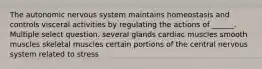 The autonomic nervous system maintains homeostasis and controls visceral activities by regulating the actions of ______. Multiple select question. several glands cardiac muscles smooth muscles skeletal muscles certain portions of the central nervous system related to stress