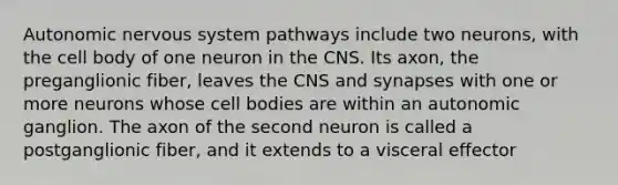 Autonomic nervous system pathways include two neurons, with the cell body of one neuron in the CNS. Its axon, the preganglionic fiber, leaves the CNS and synapses with one or more neurons whose cell bodies are within an autonomic ganglion. The axon of the second neuron is called a postganglionic fiber, and it extends to a visceral effector