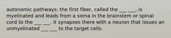 autonomic pathways: the first fiber, called the ___ ___, is myelinated and leads from a soma in the brainstem or spinal cord to the ___ ___. it synapses there with a neuron that issues an unmyelinated ___ ___ to the target cells.