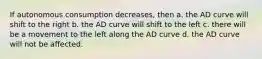 If autonomous consumption decreases, then a. the AD curve will shift to the right b. the AD curve will shift to the left c. there will be a movement to the left along the AD curve d. the AD curve will not be affected.