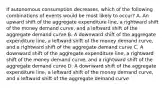 If autonomous consumption decreases, which of the following combinations of events would be most likely to occur? A. An upward shift of the aggregate expenditure line, a rightward shift of the money demand curve, and a leftward shift of the aggregate demand curve B. A downward shift of the aggregate expenditure line, a leftward shift of the money demand curve, and a rightward shift of the aggregate demand curve C. A downward shift of the aggregate expenditure line, a rightward shift of the money demand curve, and a rightward shift of the aggregate demand curve D. A downward shift of the aggregate expenditure line, a leftward shift of the money demand curve, and a leftward shift of the aggregate demand curve