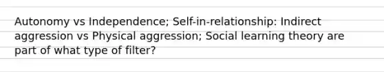 Autonomy vs Independence; Self-in-relationship: Indirect aggression vs Physical aggression; Social learning theory are part of what type of filter?