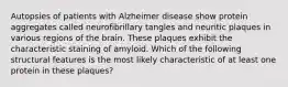 Autopsies of patients with Alzheimer disease show protein aggregates called neurofibrillary tangles and neuritic plaques in various regions of the brain. These plaques exhibit the characteristic staining of amyloid. Which of the following structural features is the most likely characteristic of at least one protein in these plaques?