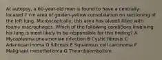 At autopsy, a 60-year-old man is found to have a centrally-located 7 cm area of golden-yellow consolidation on sectioning of the left lung. Microscopically, this area has alveoli filled with foamy macrophages. Which of the following conditions involving his lung is most likely to be responsible for this finding? A Mycoplasma pneumoniae infection B Cystic fibrosis C Adenocarcinoma D Silicosis E Squamous cell carcinoma F Malignant mesothelioma G Thromboembolism