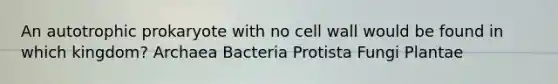 An autotrophic prokaryote with no cell wall would be found in which kingdom? Archaea Bacteria Protista Fungi Plantae