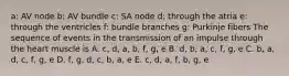 a: AV node b: AV bundle c: SA node d: through the atria e: through the ventricles f: bundle branches g: Purkinje fibers The sequence of events in the transmission of an impulse through the heart muscle is A. c, d, a, b, f, g, e B. d, b, a, c, f, g, e C. b, a, d, c, f, g, e D. f, g, d, c, b, a, e E. c, d, a, f, b, g, e