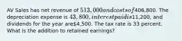 AV Sales has net revenue of 513,000 and costs of406,800. The depreciation expense is 43,800,interest paid is11,200, and dividends for the year are4,500. The tax rate is 33 percent. What is the addition to retained earnings?