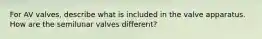 For AV valves, describe what is included in the valve apparatus. How are the semilunar valves different?