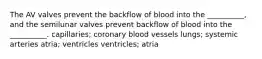 The AV valves prevent the backflow of blood into the __________, and the semilunar valves prevent backflow of blood into the __________. capillaries; coronary blood vessels lungs; systemic arteries atria; ventricles ventricles; atria