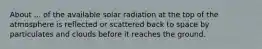 About ... of the available solar radiation at the top of the atmosphere is reflected or scattered back to space by particulates and clouds before it reaches the ground.