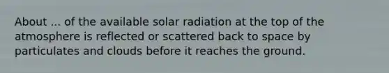 About ... of the available solar radiation at the top of the atmosphere is reflected or scattered back to space by particulates and clouds before it reaches the ground.