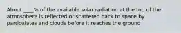 About ____% of the available solar radiation at the top of the atmosphere is reflected or scattered back to space by particulates and clouds before it reaches the ground