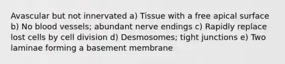 Avascular but not innervated a) Tissue with a free apical surface b) No blood vessels; abundant nerve endings c) Rapidly replace lost cells by cell division d) Desmosomes; tight junctions e) Two laminae forming a basement membrane