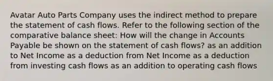 Avatar Auto Parts Company uses the indirect method to prepare the statement of cash flows. Refer to the following section of the comparative balance sheet: How will the change in Accounts Payable be shown on the statement of cash flows? as an addition to Net Income as a deduction from Net Income as a deduction from investing cash flows as an addition to operating cash flows