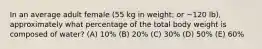 In an average adult female (55 kg in weight; or ~120 lb), approximately what percentage of the total body weight is composed of water? (A) 10% (B) 20% (C) 30% (D) 50% (E) 60%