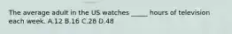 The average adult in the US watches _____ hours of television each week. A.12 B.16 C.28 D.48