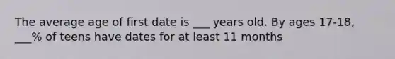 The average age of first date is ___ years old. By ages 17-18, ___% of teens have dates for at least 11 months