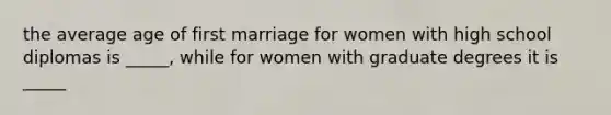 the average age of first marriage for women with high school diplomas is _____, while for women with graduate degrees it is _____