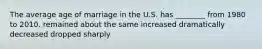 The average age of marriage in the U.S. has ________ from 1980 to 2010. remained about the same increased dramatically decreased dropped sharply