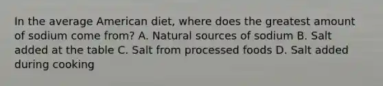 In the average American diet, where does the greatest amount of sodium come from? A. Natural sources of sodium B. Salt added at the table C. Salt from processed foods D. Salt added during cooking