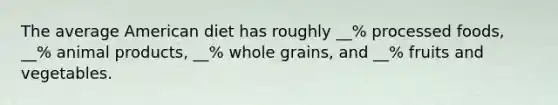 The average American diet has roughly __% processed foods, __% animal products, __% whole grains, and __% fruits and vegetables.