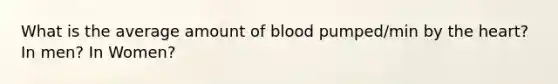 What is the average amount of blood pumped/min by the heart? In men? In Women?