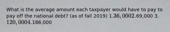 What is the average amount each taxpayer would have to pay to pay off the national debt? (as of fall 2019) 1.36,000 2.69,000 3.120,000 4.186,000