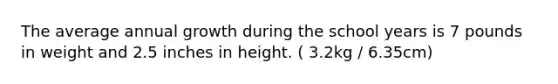 The average annual growth during the school years is 7 pounds in weight and 2.5 inches in height. ( 3.2kg / 6.35cm)