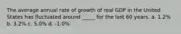 The average annual rate of growth of real GDP in the United States has fluctuated around _____ for the last 60 years. a. 1.2% b. 3.2% c. 5.0% d. -1.0%