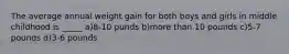 The average annual weight gain for both boys and girls in middle childhood is _____ a)8-10 punds b)more than 10 pounds c)5-7 pounds d)3-6 pounds