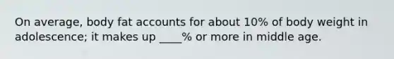 On average, body fat accounts for about 10% of body weight in adolescence; it makes up ____% or more in middle age.