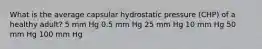 What is the average capsular hydrostatic pressure (CHP) of a healthy adult? 5 mm Hg 0.5 mm Hg 25 mm Hg 10 mm Hg 50 mm Hg 100 mm Hg