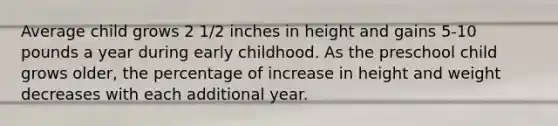 Average child grows 2 1/2 inches in height and gains 5-10 pounds a year during early childhood. As the preschool child grows older, the percentage of increase in height and weight decreases with each additional year.