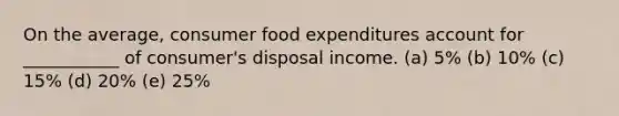 On the average, consumer food expenditures account for ___________ of consumer's disposal income. (a) 5% (b) 10% (c) 15% (d) 20% (e) 25%